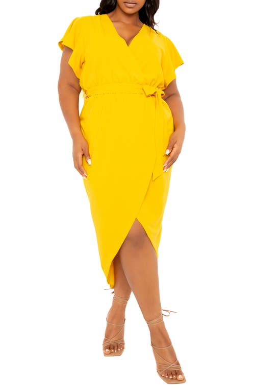Flutter Sleeve High-Low Faux Wrap Dress in Mustard