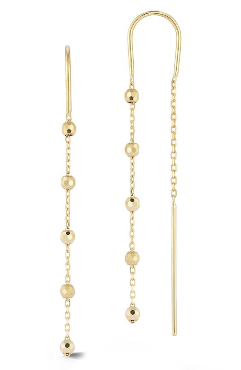 14K Gold Threader Bead Chain Drop Earrings