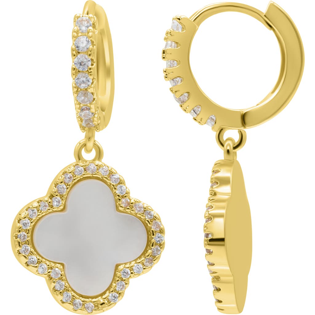 Adornia 14k Gold-plated Crystal Halo White Mother-of-pearl Clover Dangle Huggie Earrings In Gold
