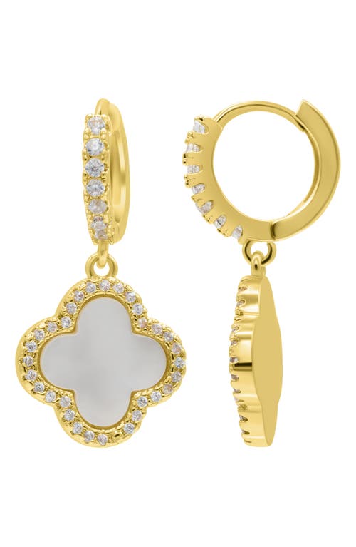 Adornia 14k Gold-plated Crystal Halo White Mother-of-pearl Clover Dangle Huggie Earrings In Gold