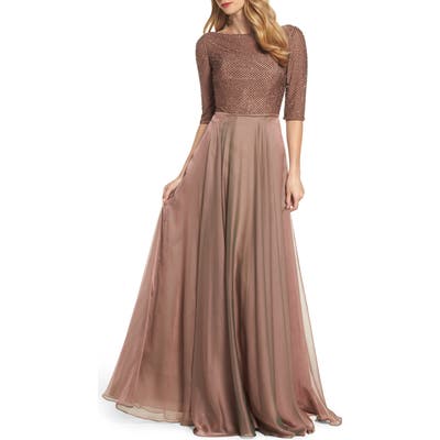 La Femme Embellished Bodice Gown, Brown