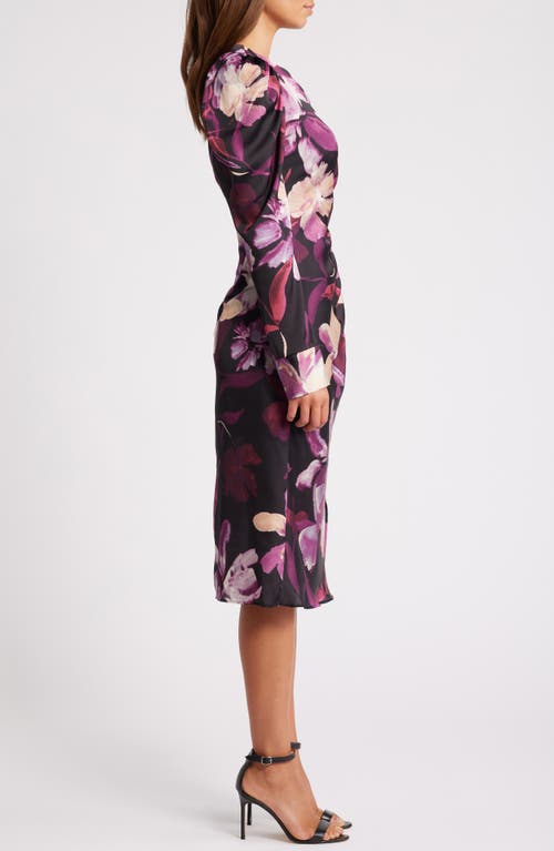 JULIA JORDAN JULIA JORDAN FLORAL PUFF SHOULDER LONG SLEEVE COCKTAIL MIDI DRESS 