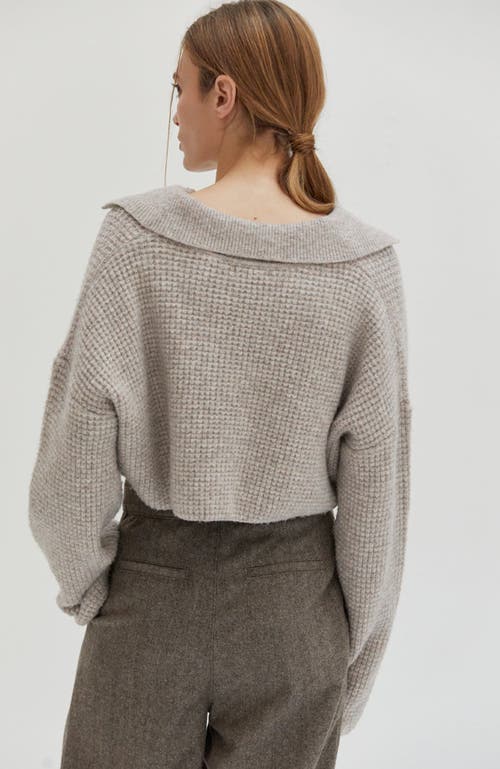 Shop Crescent Waffle Polo Crop Sweater In Heather Grey