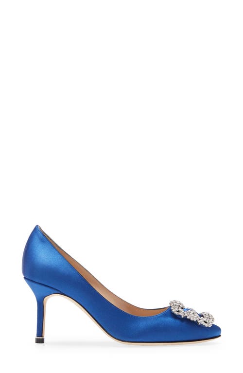 Shop Manolo Blahnik Hangisi 70mm Crystal Buckle Pump In Blue Satin Clear/buckle