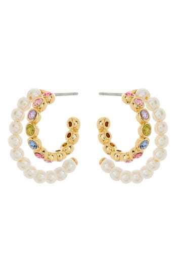Shop Kate Spade New York Imitation Pearl & Colorful Crystal Double Row Hoop Earrings In Cream Multi/gold