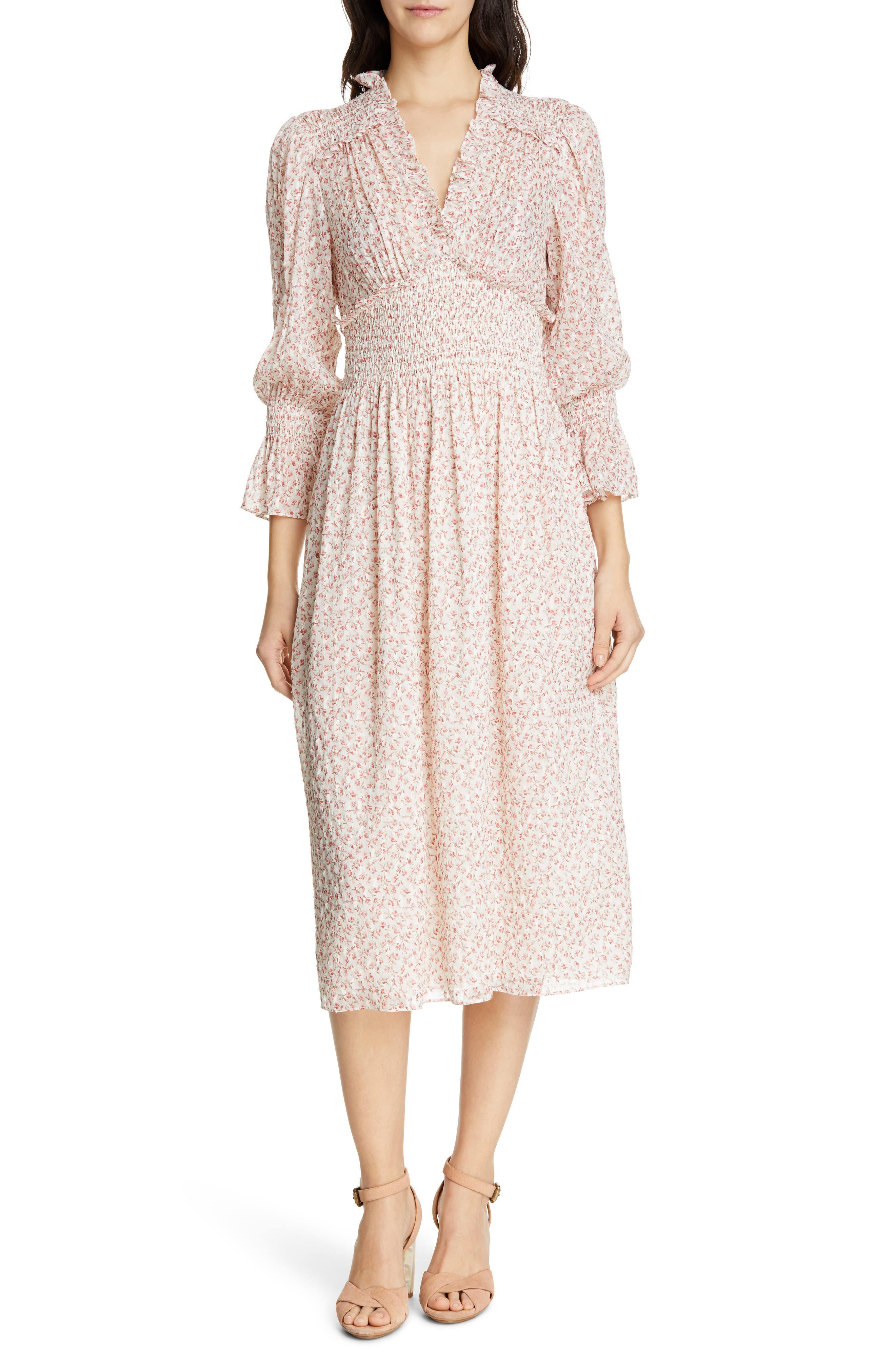 Rebecca Taylor Floral Smock Detail Long Sleeve Silk & Cotton Dress, Ivory