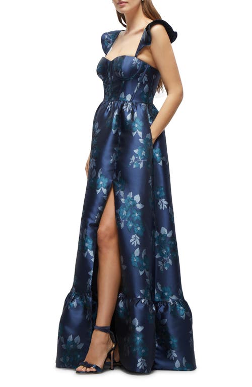 Shop Dessy Collection Baroque Rose Structured Bodice Gown In Midnight Navy Damask