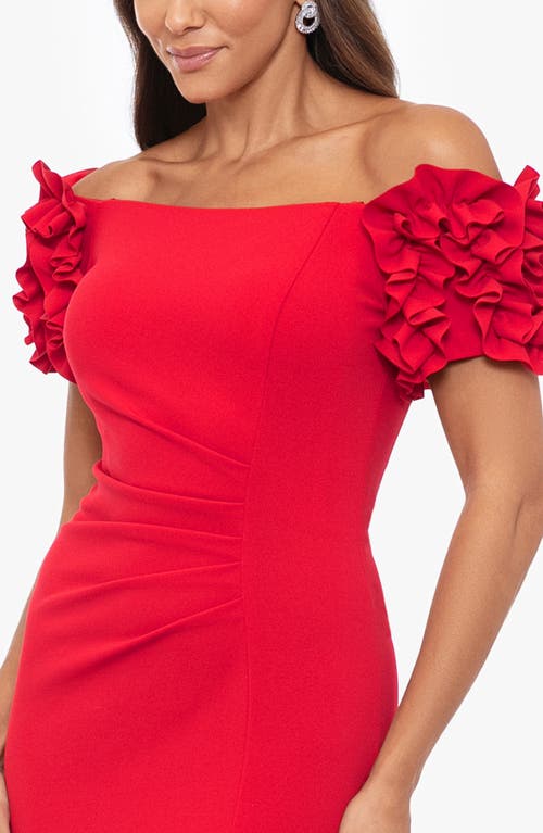 Xscape Evenings Ruffle Off The Shoulder Scuba Crepe Gown In Red