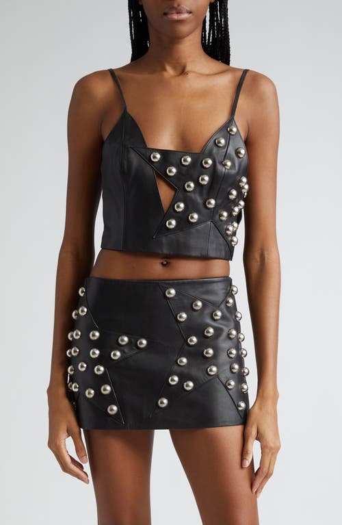 Star Studded Cutout Leather Crop Top in Black