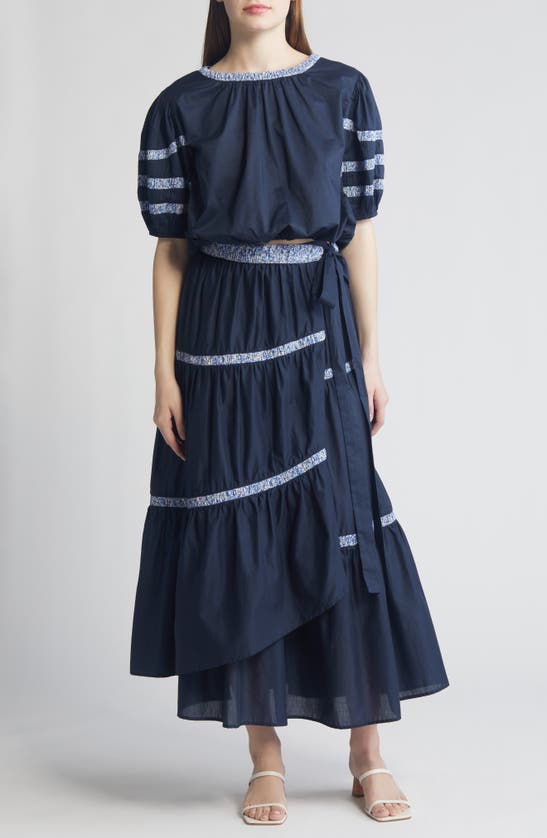 Shop Merlette X Liberty London Prins Cotton Lawn Wrap Skirt In Navy/ Liberty Blue Print