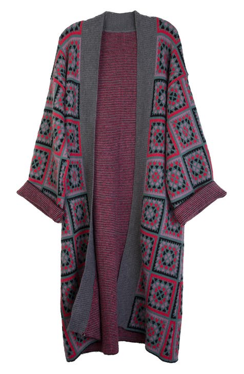Lucky Brand Women's Long Ikat Open Front Cardigan Sweater, red/Multi, XS at   Women's Clothing store