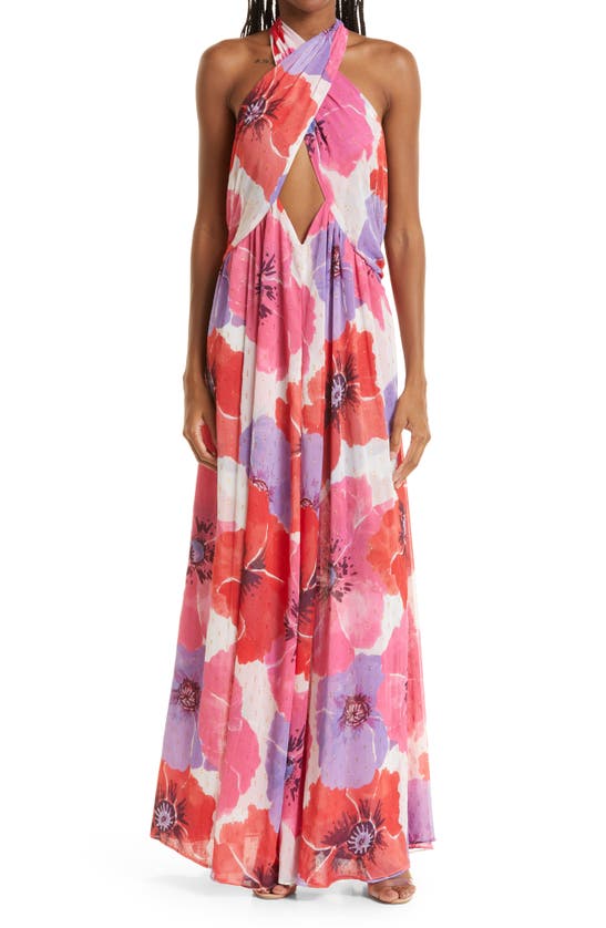 MISA ALEXANDRA METALLIC FLORAL PRINT MAXI DRESS