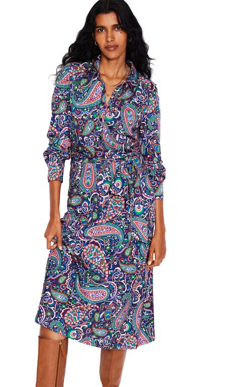 Shop Boden Laura Paisley Long Sleeve Belted Shirtdress In Navy Paisley Paradise