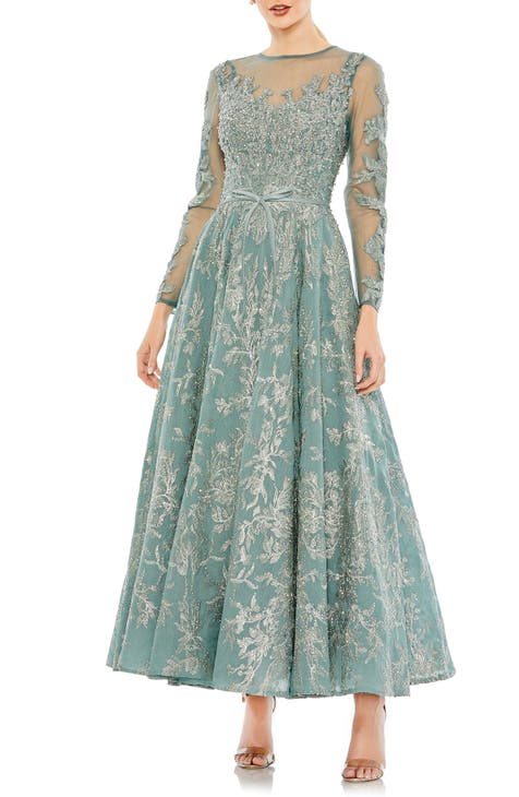 Beaded Floral Long Sleeve Illusion Lace Gown