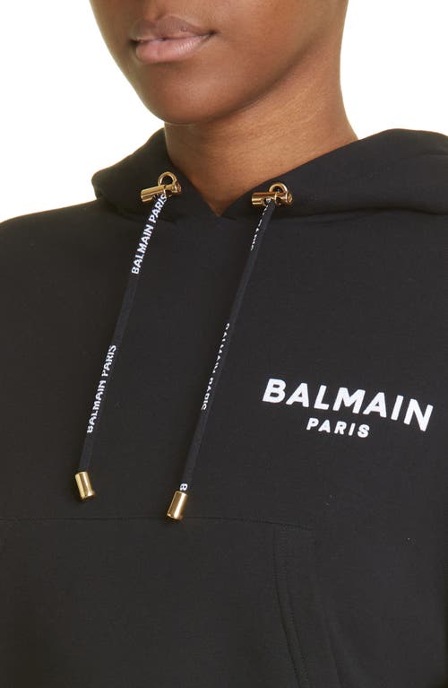 Shop Balmain Flocked Logo Cotton Crop Hoodie In Eab Black/white