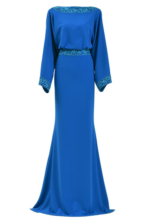 Shop Tadashi Shoji Drape Back Crepe Long Sleeve Gown In Blue Gaze