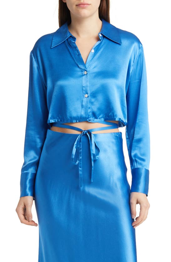 Shop Rails Tiana Tie Waist Crop Satin Blouse In Cobalt