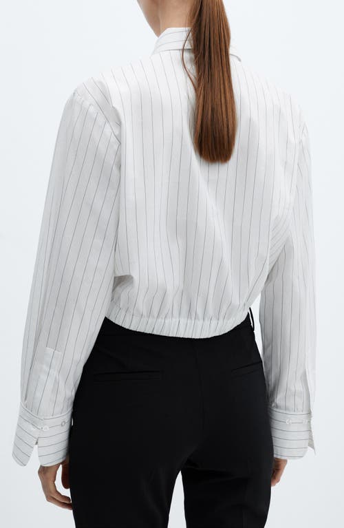 Shop Mango Stripe Tie Waist Crop Button-up Poplin Top In Natural White