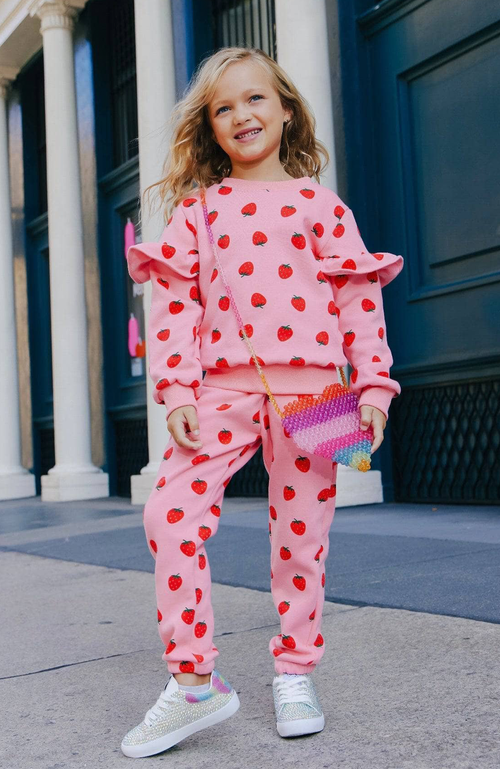 Shop Lola + The Boys Strawberry Ruffle Joggers Set In Pink