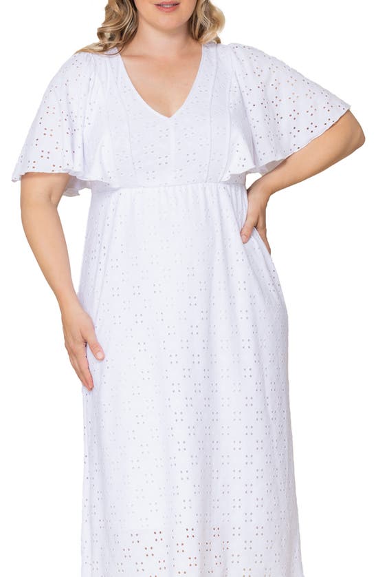 Kiyonna Lucy Short Sleeve Eyelet Midi Dress In White