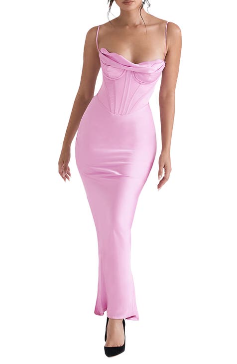 Hot Pink Satin Ruched Bandeau Puff Ball Dress