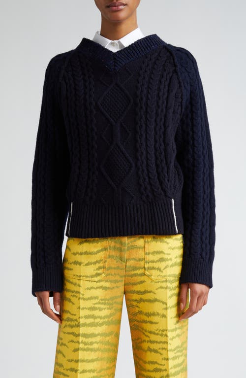 Victoria Beckham Contrast V-Neck Cable Stitch Lambswool Sweater Navy at Nordstrom,