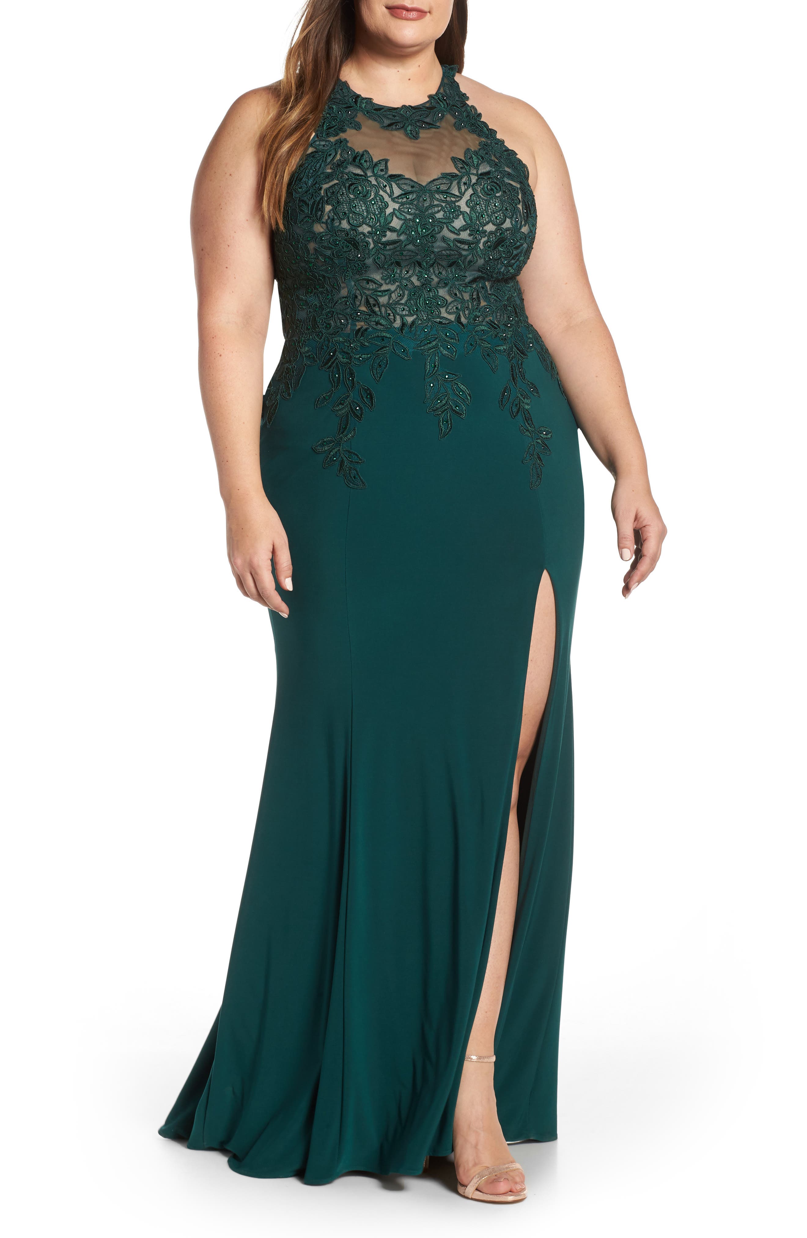 Plus Size Xscape Embroidered Slit Dress, Green