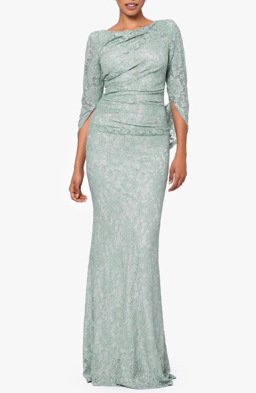 Betsy & Adam Drape Back Cape Sleeve Lace Trumpet Gown Sage at Nordstrom,