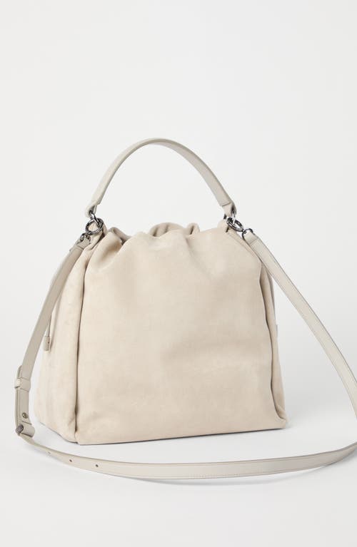 Shop Brunello Cucinelli Sueded Calfskin Bucket Bag With Monili In Light Grey