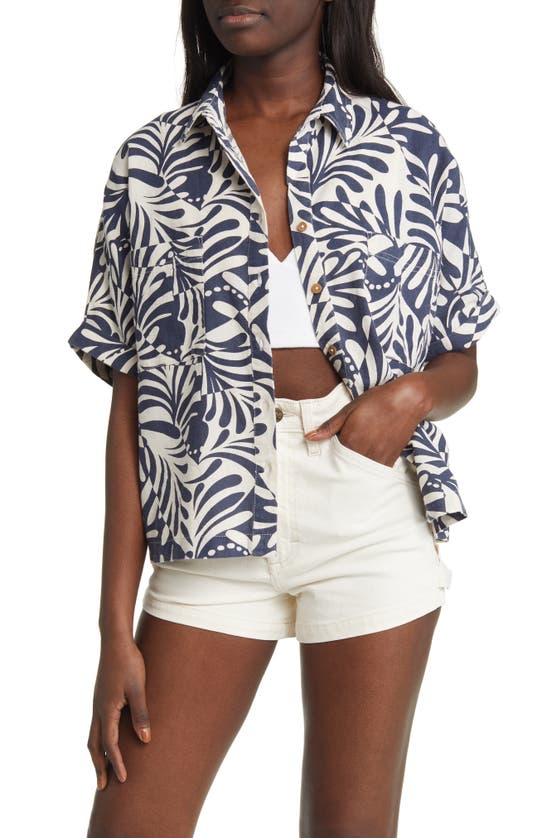Rip Curl Afterglow Abstract Print Crop Cotton Camp Shirt In Marine Blue