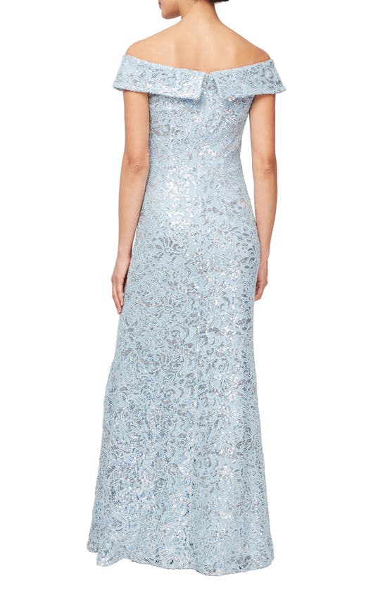 Shop Alex Evenings Floral Embroidered Sequin Off The Shoulder Gown In Hydrangea
