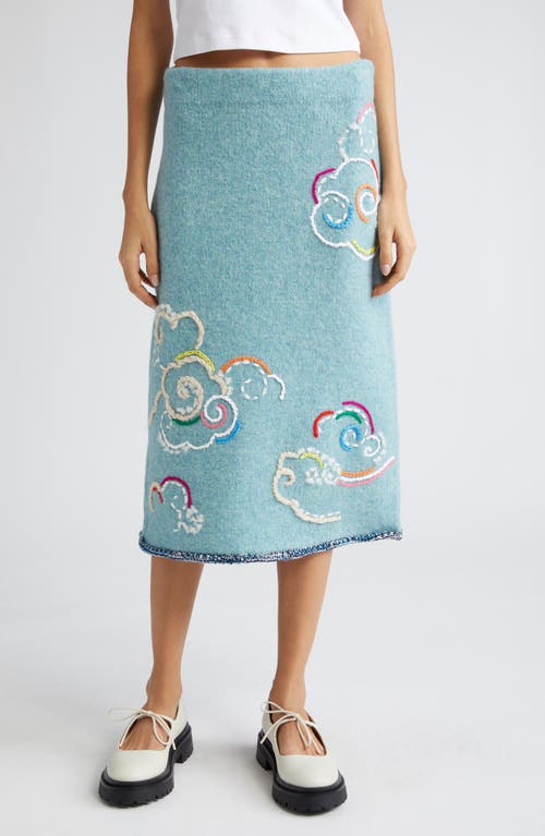 Cloud Embroidered Wool Blend Skirt in Blue