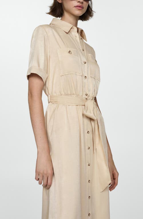 Shop Mango Belted Satin Midi Shirtdress In Beige