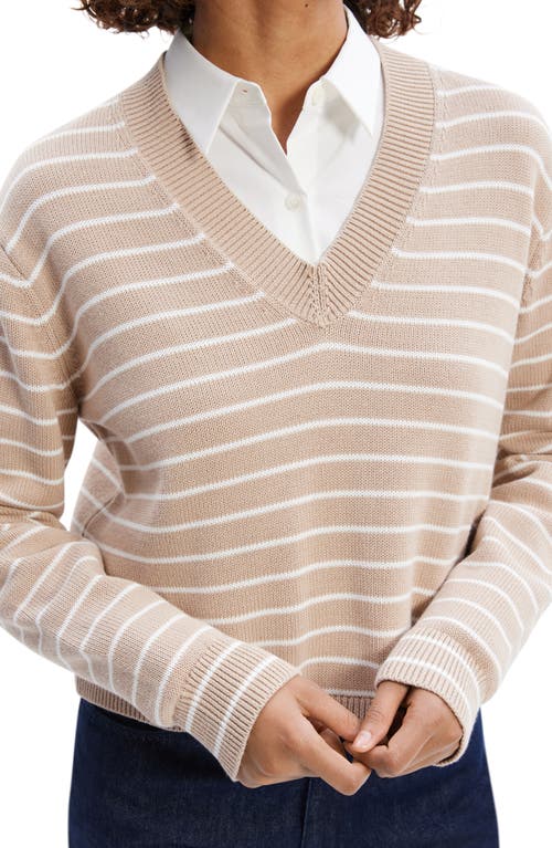 Shop Theory Waverly Stripe Cotton V-neck Crop Sweater In Light Camel/white