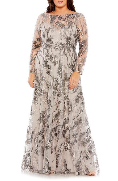 Floral Sequin Embroidered Long Sleeve A-Line Dress in Taupe
