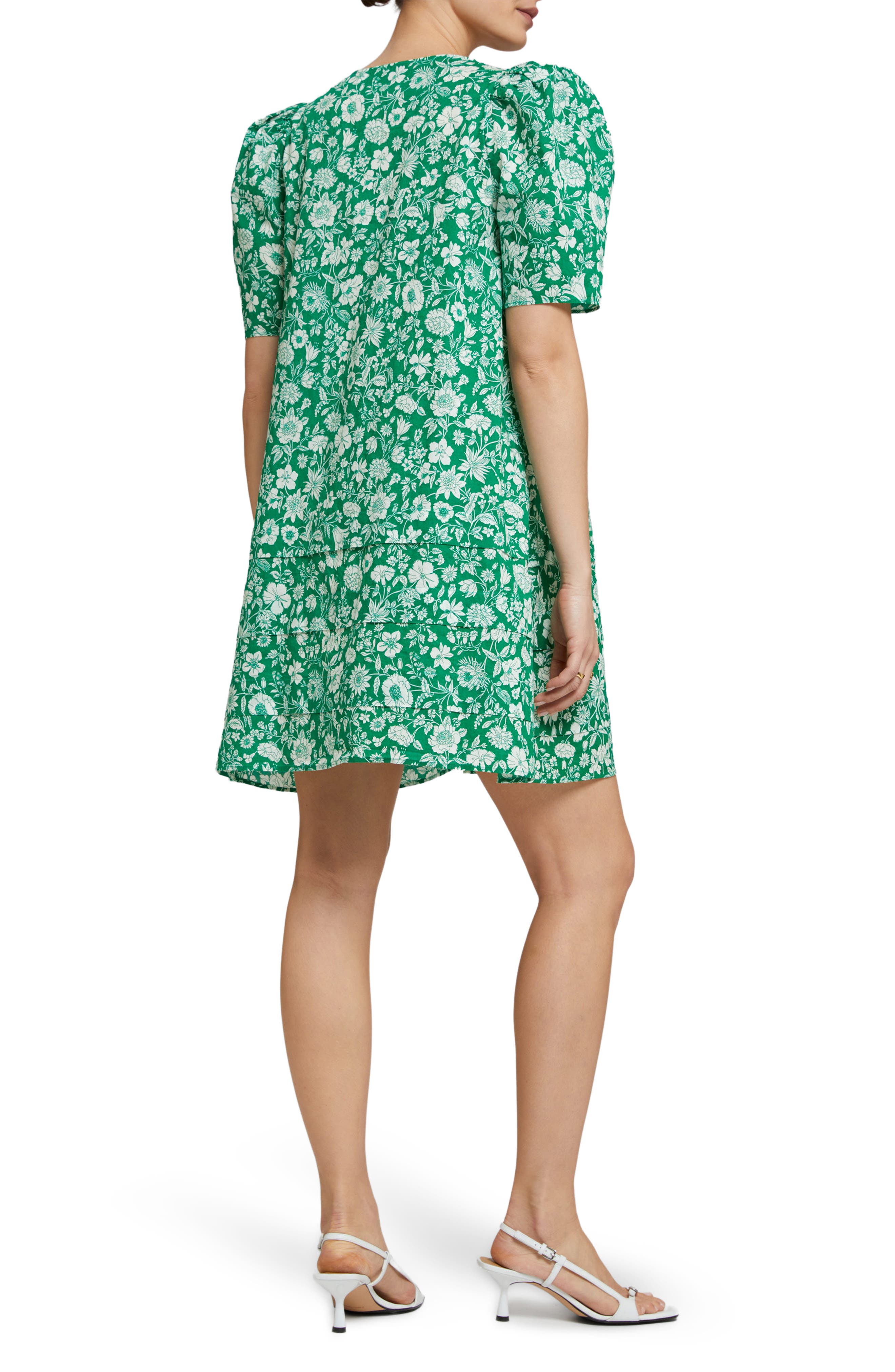 & Other Stories Print Pintuck Puff Sleeve Dress in Blue/Green Flower Pia Op  | Smart Closet