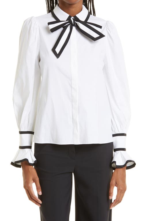 Alice + Olivia Sharen Puff Sleeve Bow Tie Blouse in White/Black