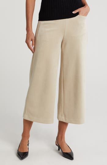 T Tahari Wide Leg Faux Suede Crop Pants In Natural Beige