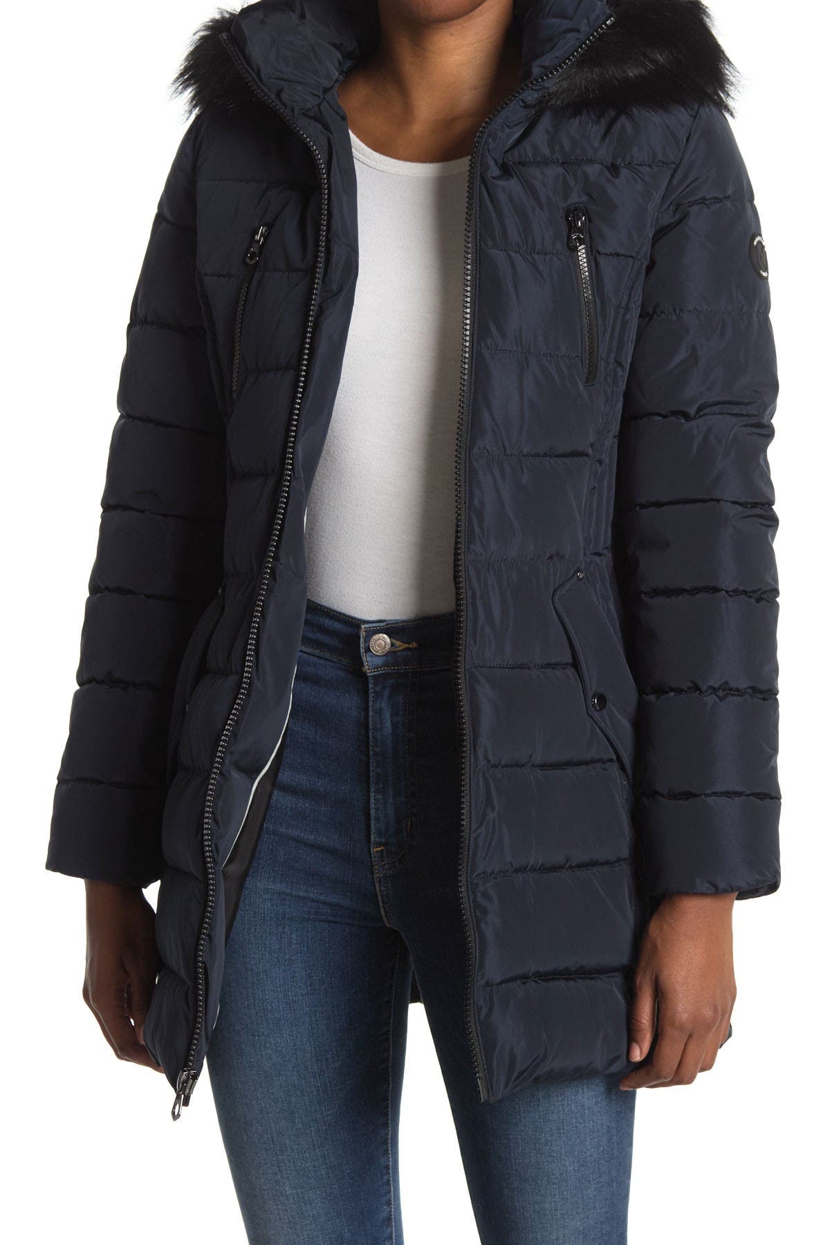 Nautica Faux Fur Hood Belted Puffer Jacket In Navy Seas | ModeSens