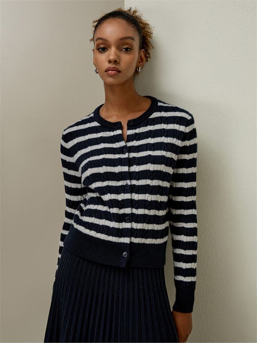 Shop Lilysilk Striped Cable-knit Cashmere Cardigan In Blue And White Stripes