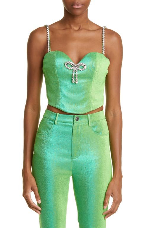 Area Crystal Bow Lamé Corset Top in Green