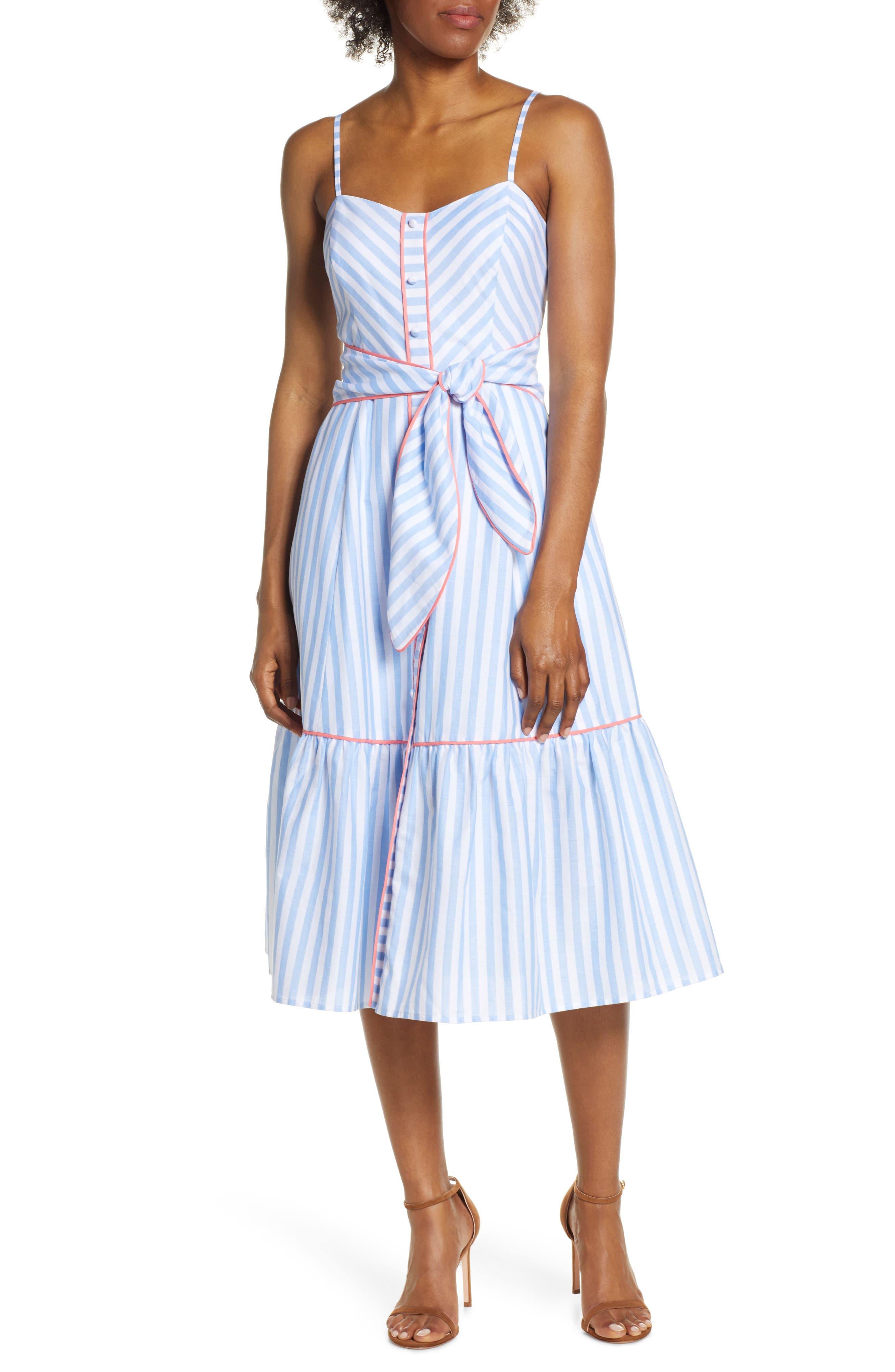 Eliza J Stripe Piped Cotton Sundress, Blue