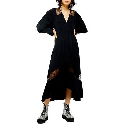 Topshop Lace Trim Long Sleeve Midi Dress, US (fits like 0-2) - Black