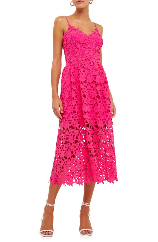 Shop Endless Rose Lace Spaghetti Strap Midi Dress In Fuchsia