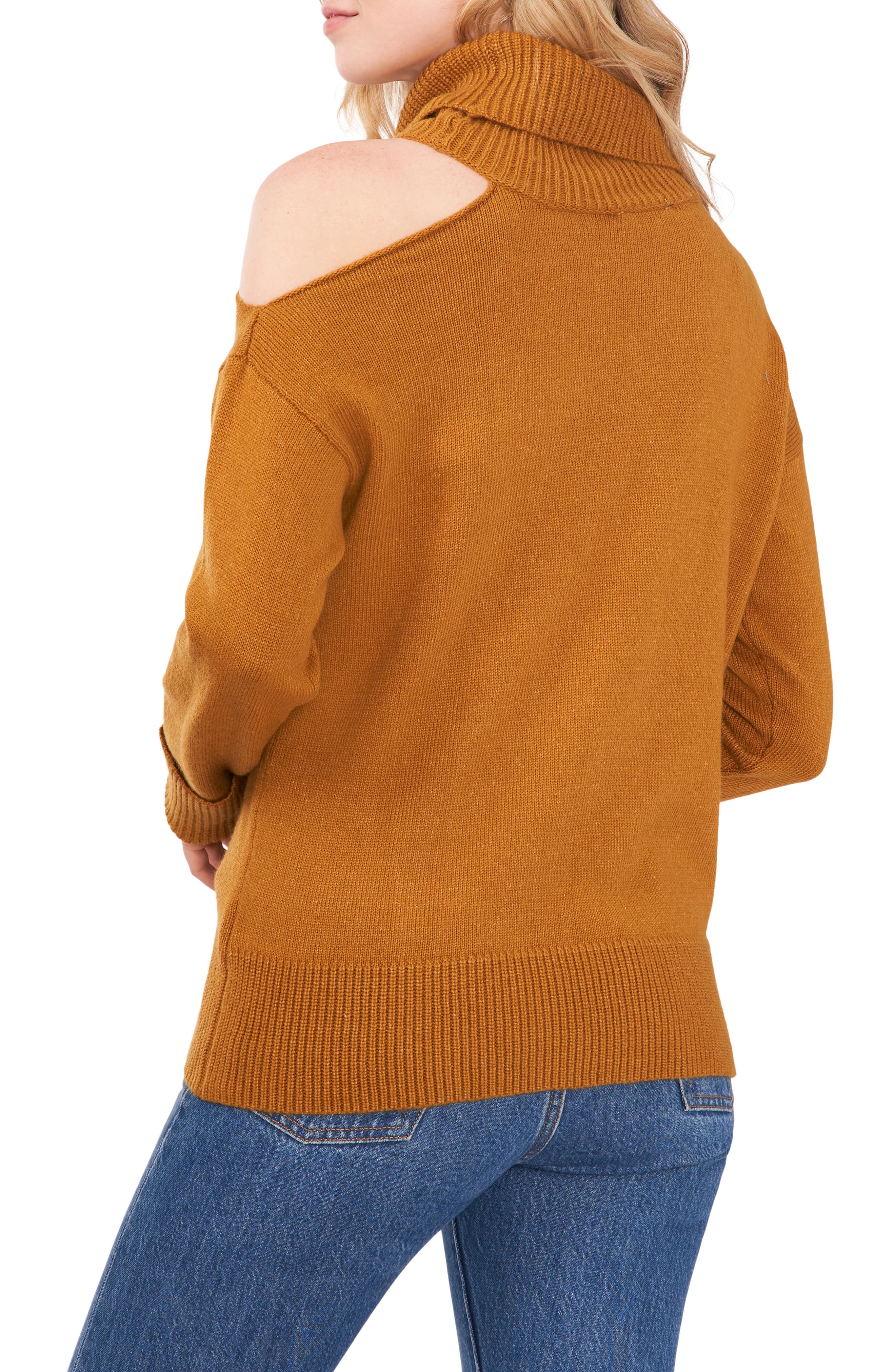 1.State Cutout Shoulder Turtleneck Sweater in Dark Amber
