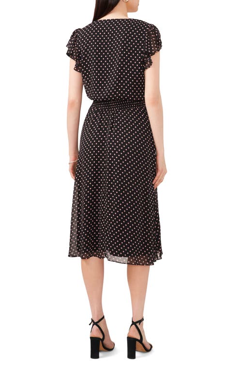 Shop Chaus Polka Dot Smock Waist Flutter Sleeve Midi Dress In Black/blush