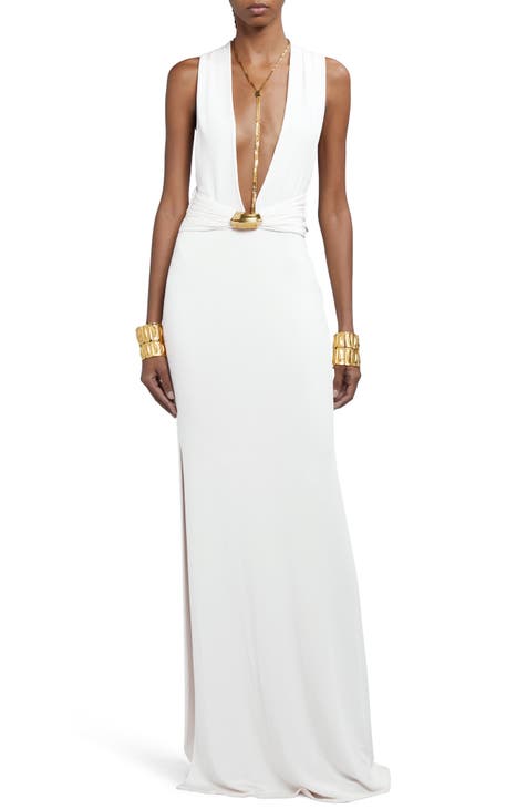 Plunge Neck Stretch Sable Evening Gown