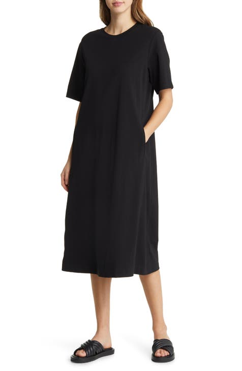   Essentials Women's Relaxed Fit Half-Sleeve Waisted Midi  A-Line Dress, Black, X-Small : Clothing, Shoes & Jewelry