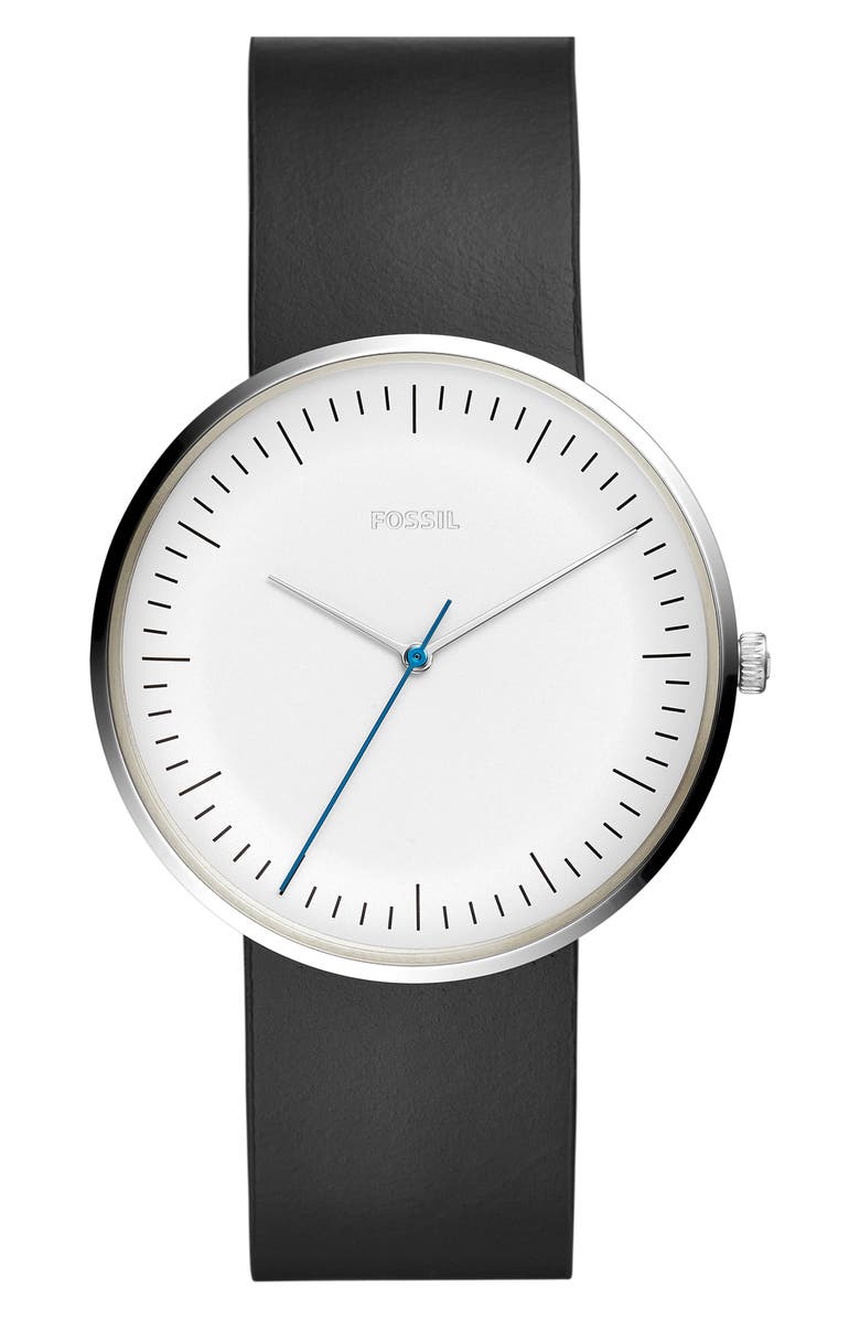 FOSSIL Essentialist Leather Strap Watch, 42mm, Main, color, BLACK/ WHITE/ SILVER