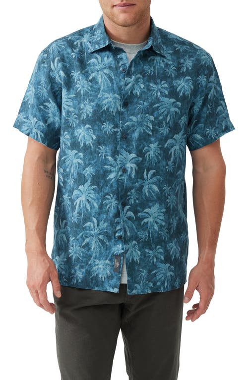Destiny Bay Palm Tree Print Short Sleeve Linen Button-Up Shirt in Teal